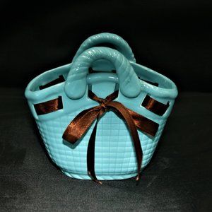 Blue Ceramic Basket With Ribbon Decoration